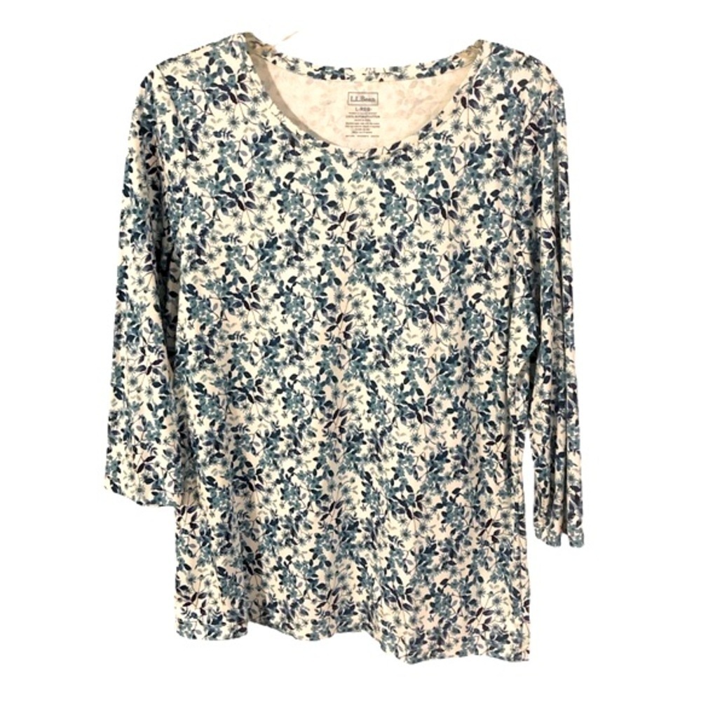 L.L. Bean Supima Cotton Tee 3/4Sleeve Blue/White Floral Design Casual Coastal L
